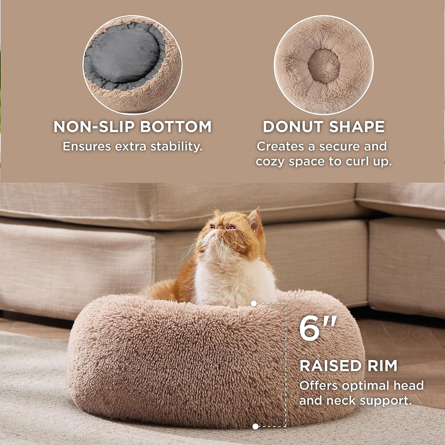 Calming Indoor Cat Bed β Plush Faux Fur Round Pet Bed, 20β Washable with Non-Slip Bottom, Perfect for Cats up to 15 lbs β Cozy Camel Color