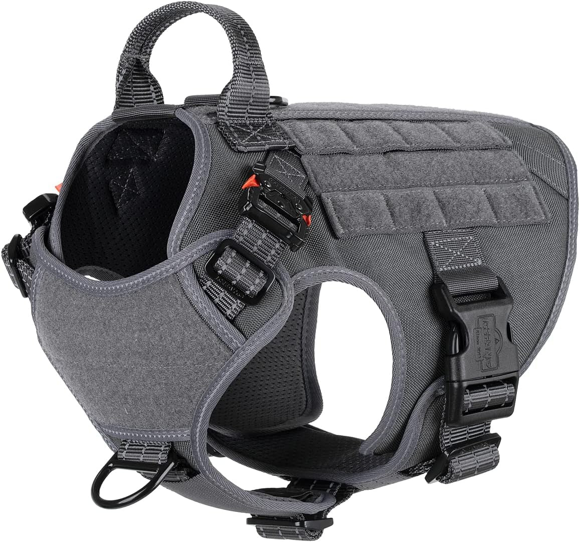 Tactical Dog Harness â Medium Size No-Pull MOLLE Vest with Handle, 2X Metal Buckles, Front Leash Clip & Hook-and-Loop Panels â Grey (M, Pack of 1)