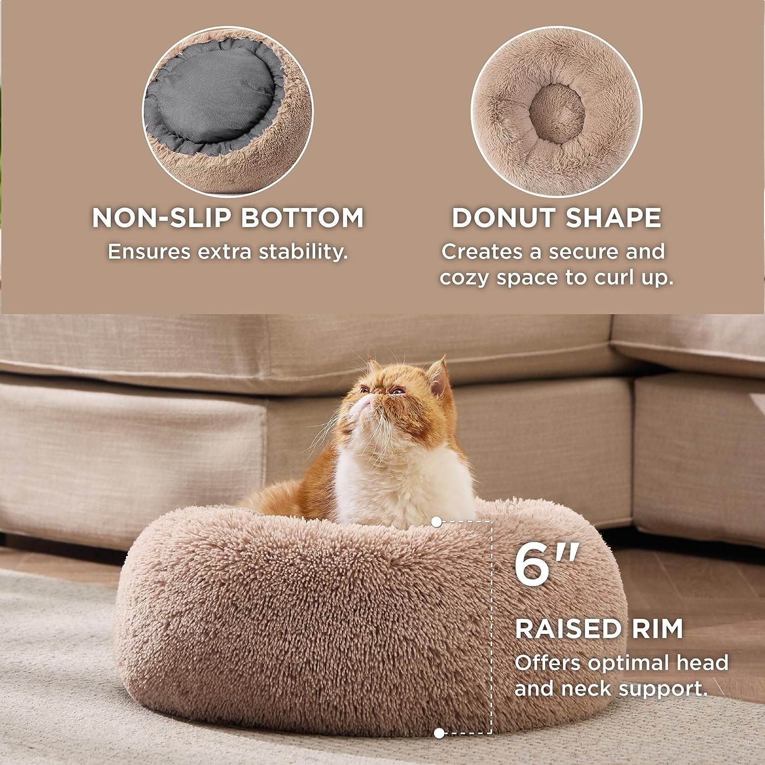 Calming Indoor Cat Bed – Plush Faux Fur Round Pet Bed, 20” Washable with Non-Slip Bottom, Perfect for Cats up to 15 lbs – Cozy Camel Color