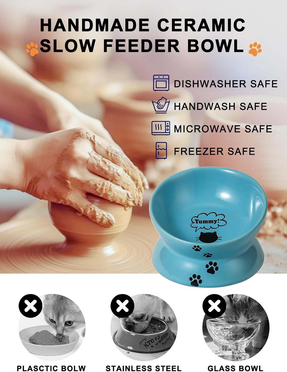 Elevated Ceramic Cat Food Bowl with Tilted Design – Spine-Friendly, Anti-Vomiting & Backflow Prevention, Lake Blue