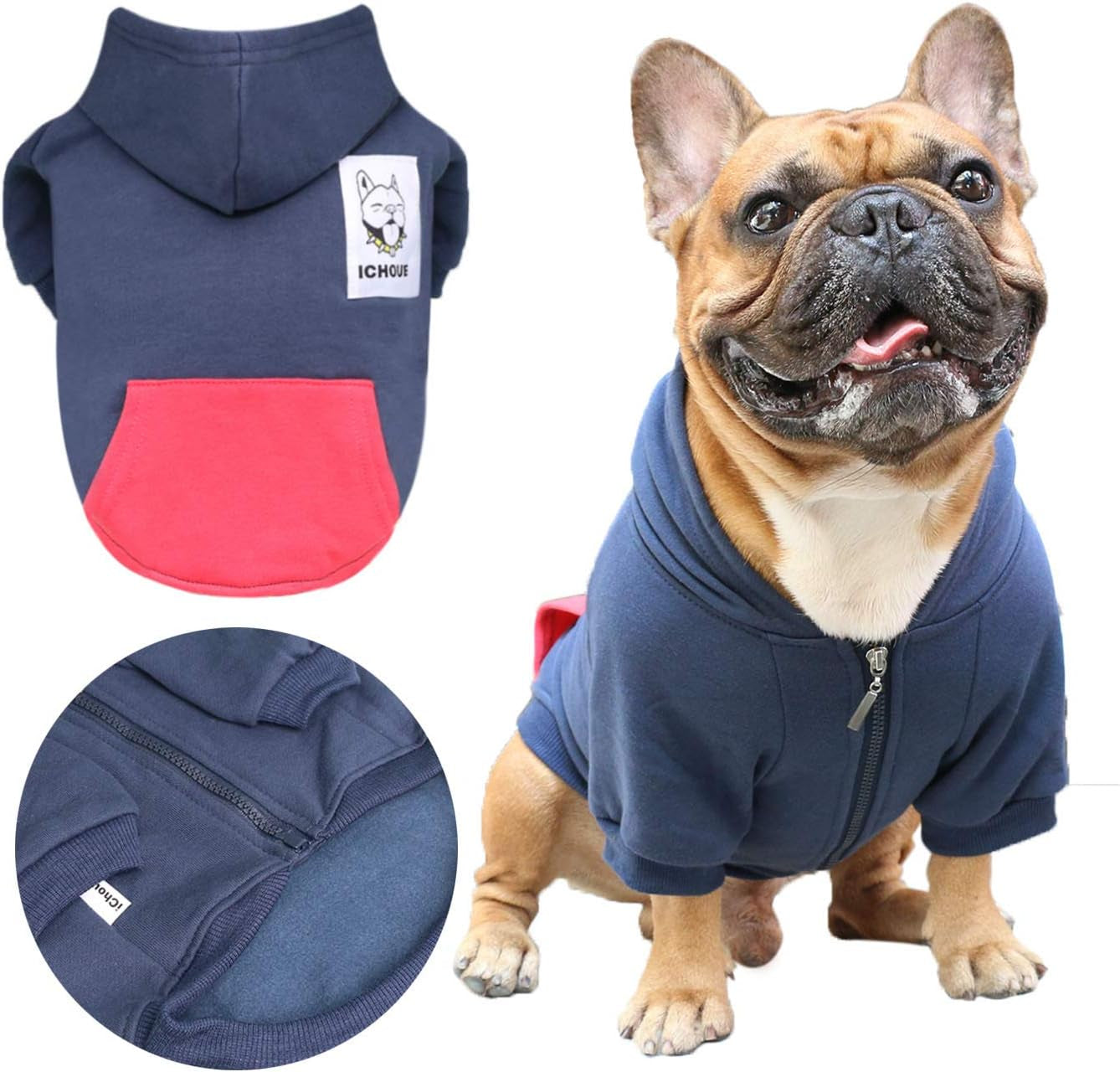 Bulldog Hoodie – Cozy Winter Sweatshirt for Frenchies, Pugs, Boston Terriers, Bullies & Pitbulls – Navy, Medium