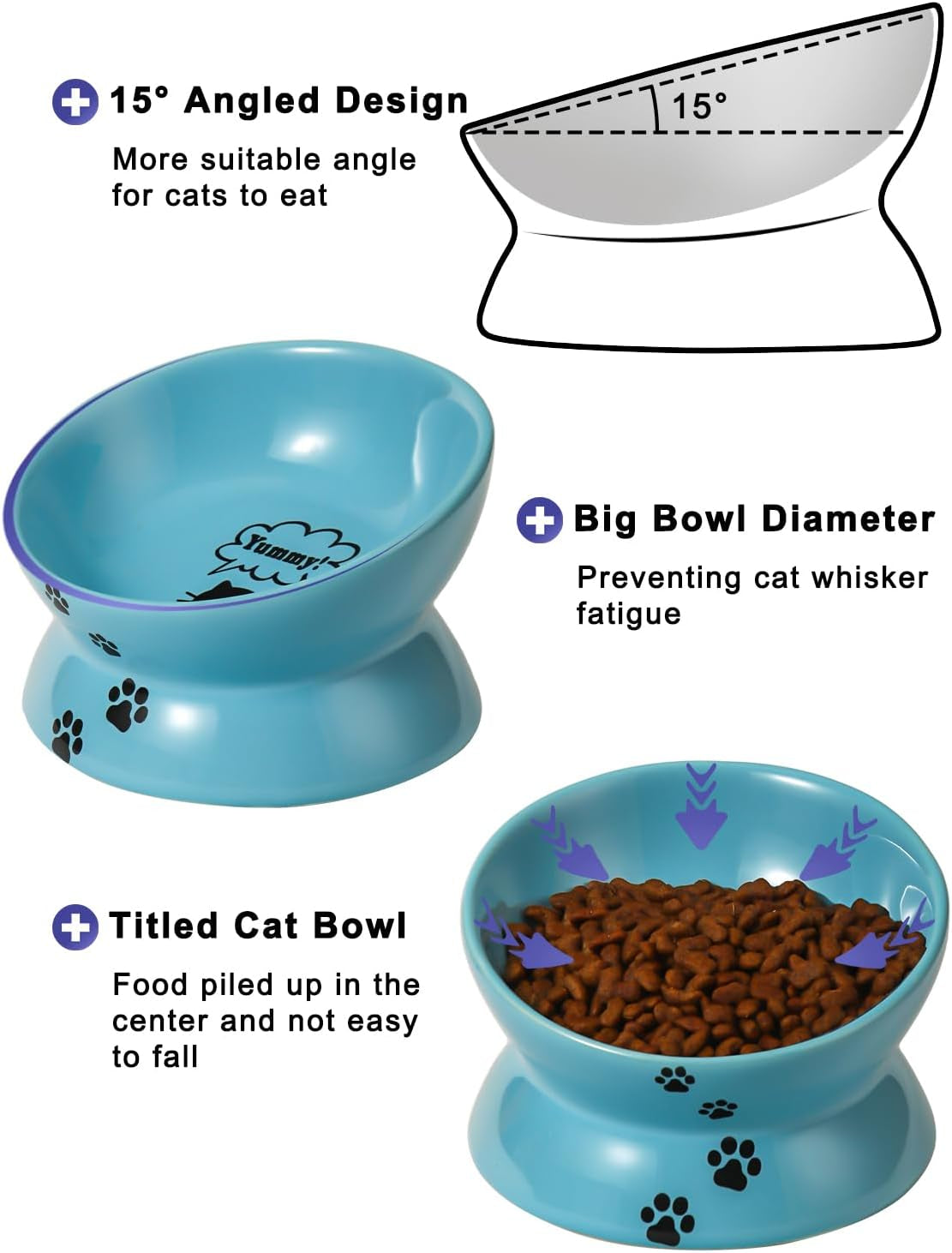 Elevated Ceramic Cat Food Bowl with Tilted Design – Spine-Friendly, Anti-Vomiting & Backflow Prevention, Lake Blue
