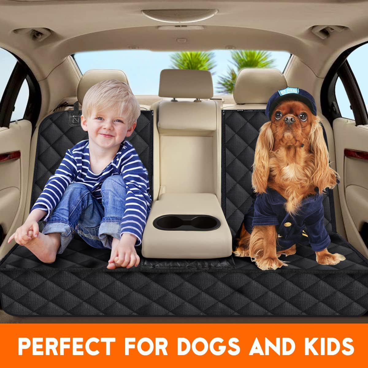 Waterproof Dog Car Seat Cover – Non-Slip Back Bench Protector with Middle Armrest Fit for Most Cars, Trucks & SUVs – Durable Pet Seat Cover in Black