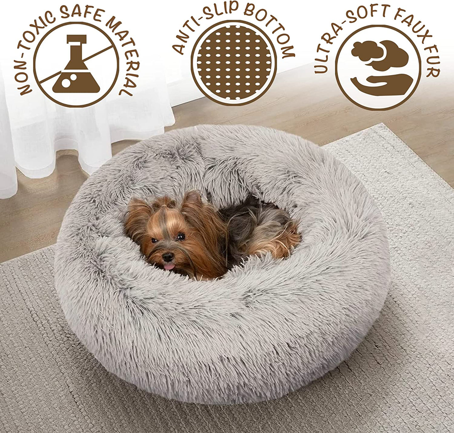 Extra-Large Donut Dog Bed – Ultra-Soft Faux Fur Calming Sofa for Large Dogs, Plush Anti-Anxiety Couch with Non-Slip Bottom, Machine Washable – 36"x36"x8" Grey