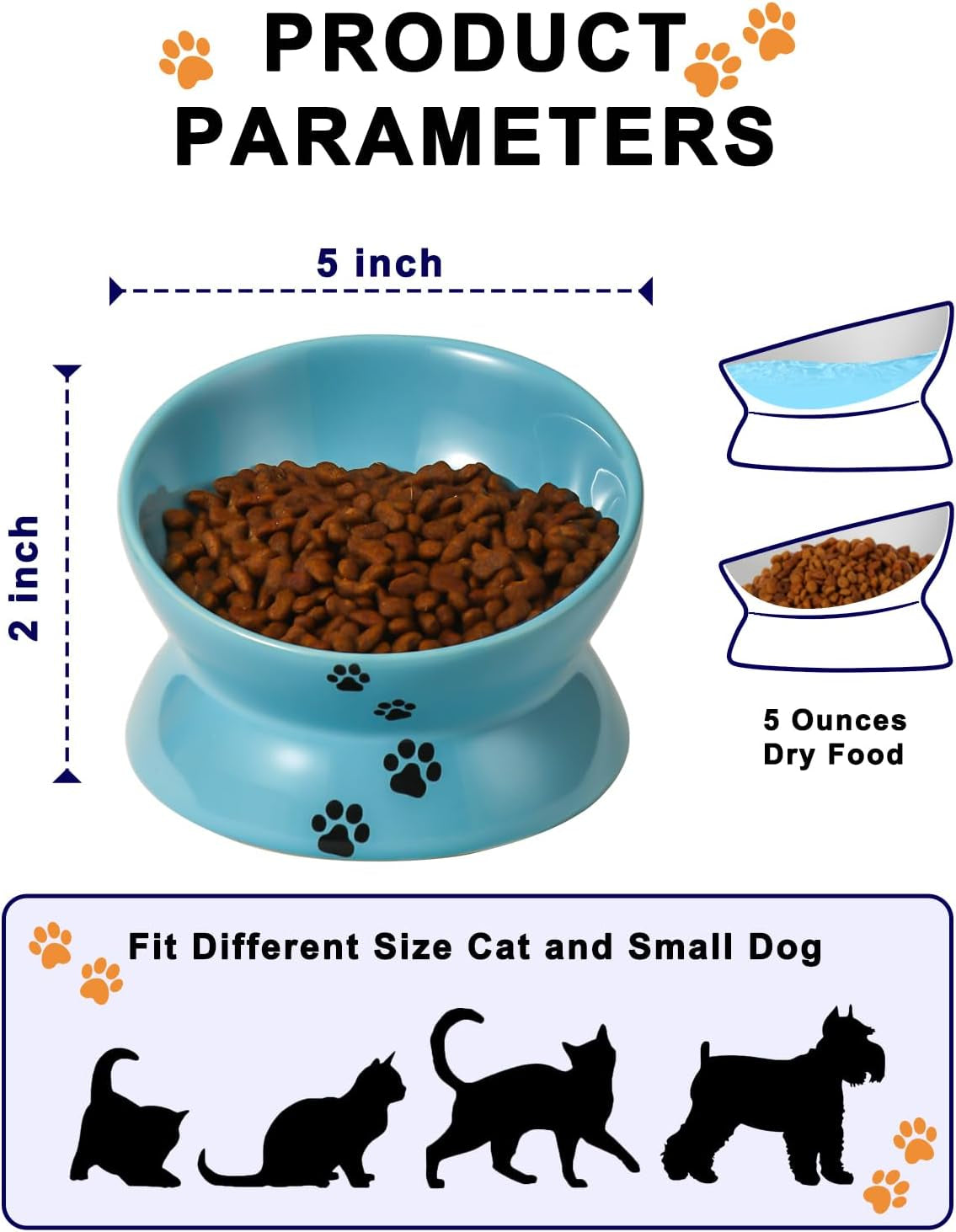 Elevated Ceramic Cat Food Bowl with Tilted Design – Spine-Friendly, Anti-Vomiting & Backflow Prevention, Lake Blue
