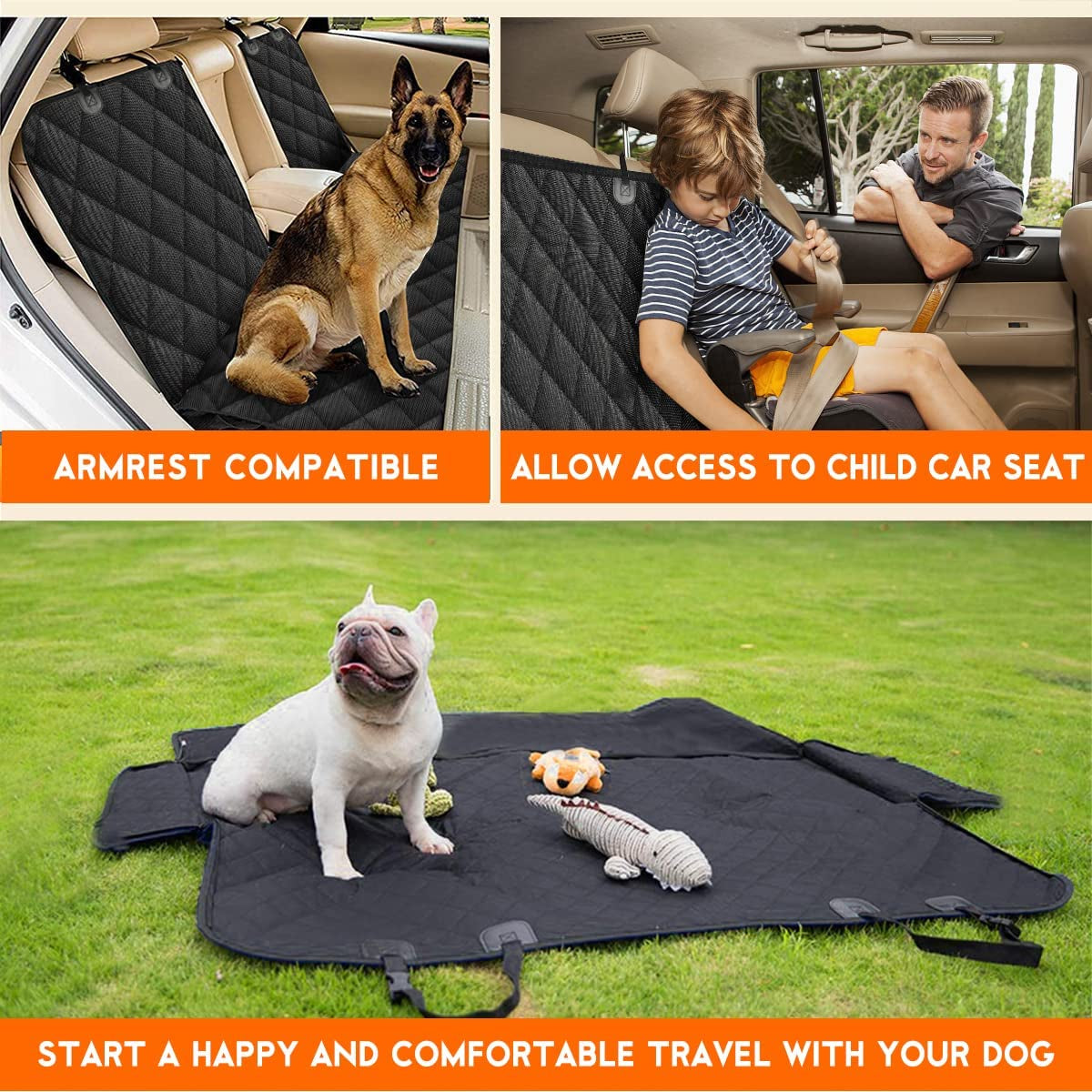 Waterproof Dog Car Seat Cover – Non-Slip Back Bench Protector with Middle Armrest Fit for Most Cars, Trucks & SUVs – Durable Pet Seat Cover in Black