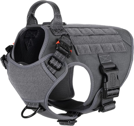 Tactical Dog Harness – Medium Size No-Pull MOLLE Vest with Handle, 2X Metal Buckles, Front Leash Clip & Hook-and-Loop Panels – Grey (M, Pack of 1)