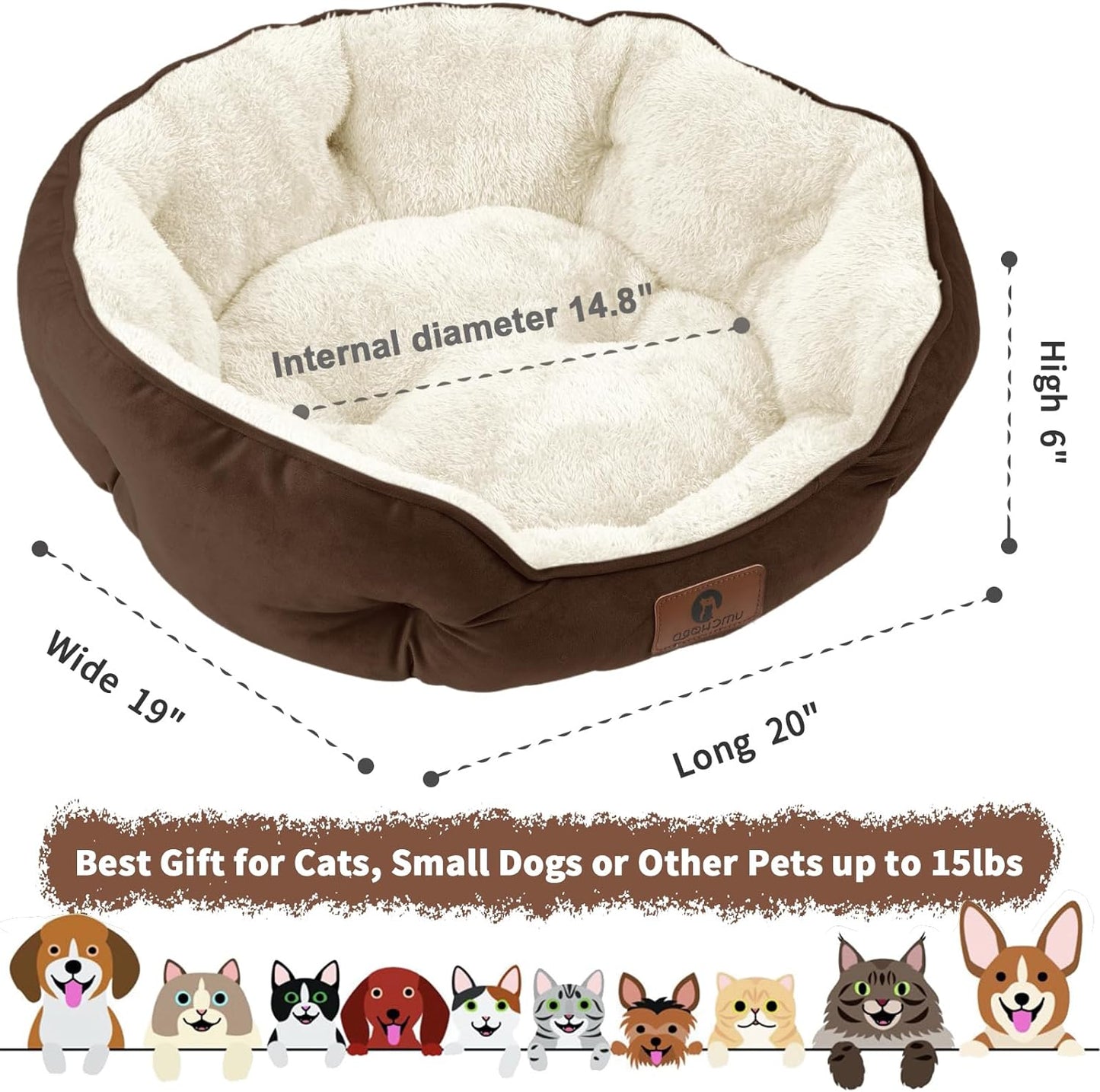 Small Dog Bed – Extra Soft Pet Bed for Small Dogs, Cats, Puppies & Kittens – Machine Washable with Anti-Slip, Water-Resistant Bottom – Brown, 20 Inches