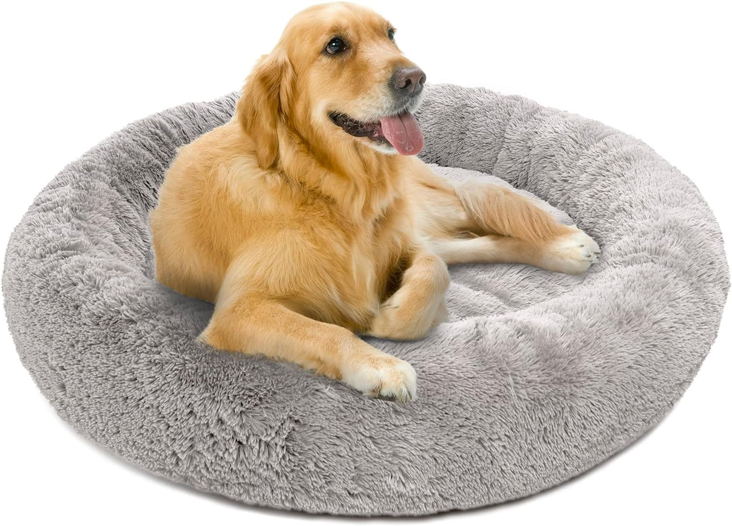 Extra-Large Donut Dog Bed – Ultra-Soft Faux Fur Calming Sofa for Large Dogs, Plush Anti-Anxiety Couch with Non-Slip Bottom, Machine Washable – 36"x36"x8" Grey
