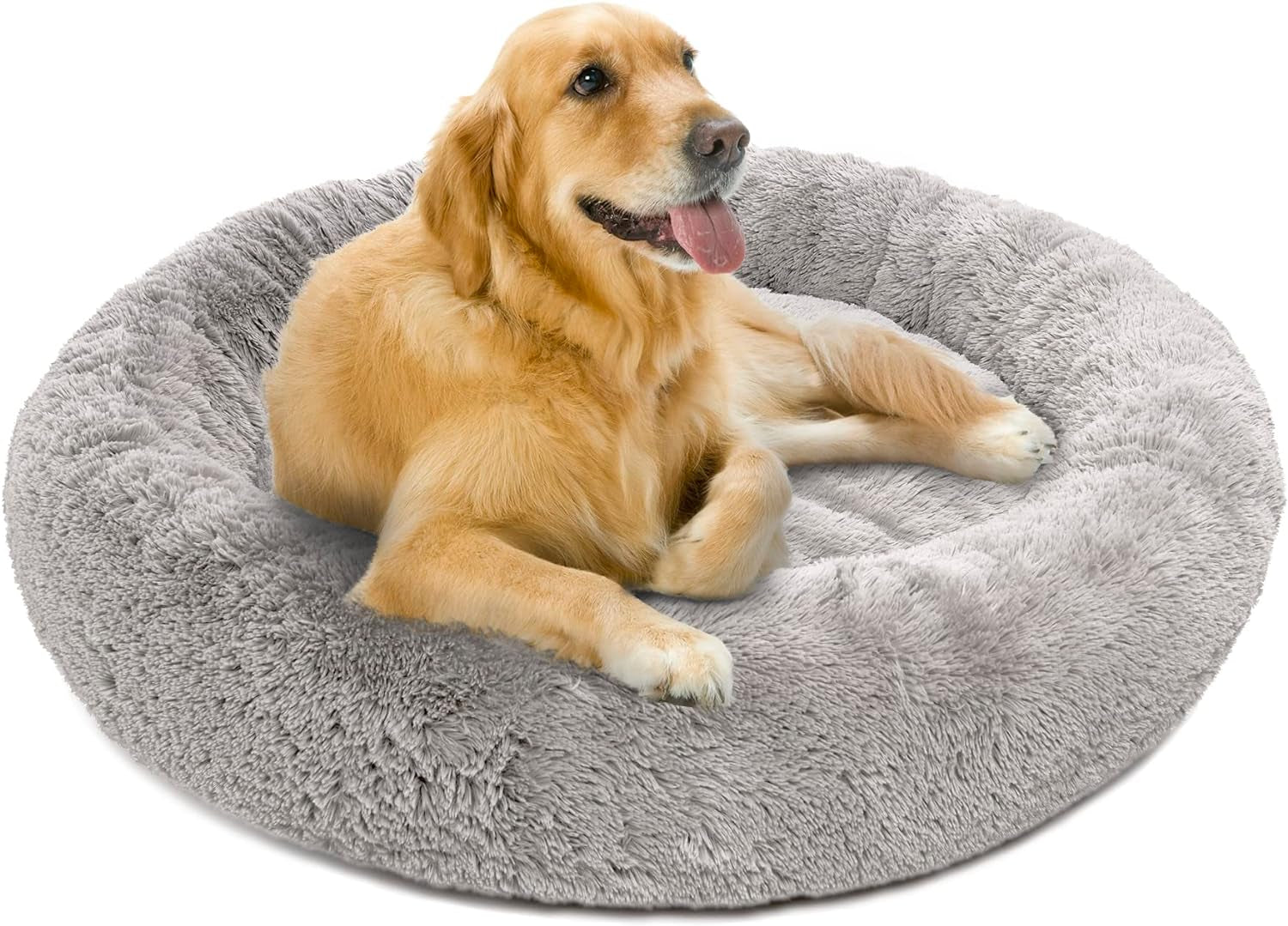 Extra-Large Donut Dog Bed – Ultra-Soft Faux Fur Calming Sofa for Large Dogs, Plush Anti-Anxiety Couch with Non-Slip Bottom, Machine Washable – 36"x36"x8" Grey