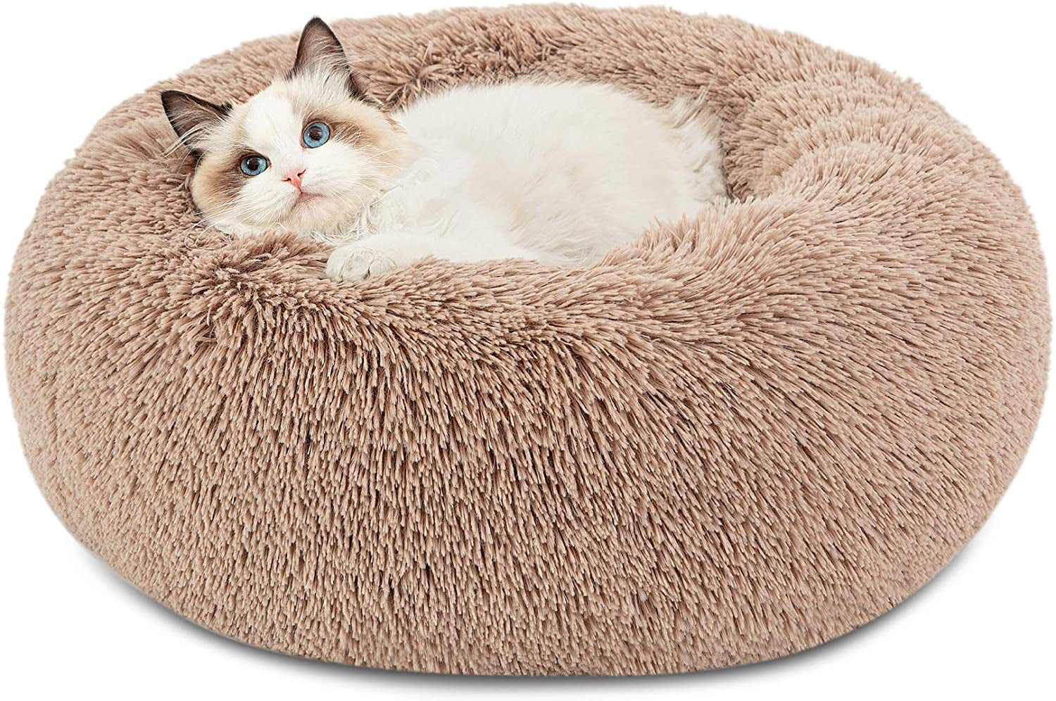 Calming Indoor Cat Bed – Plush Faux Fur Round Pet Bed, 20” Washable with Non-Slip Bottom, Perfect for Cats up to 15 lbs – Cozy Camel Color
