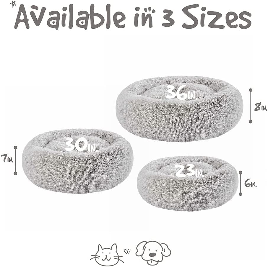 Extra-Large Donut Dog Bed – Ultra-Soft Faux Fur Calming Sofa for Large Dogs, Plush Anti-Anxiety Couch with Non-Slip Bottom, Machine Washable – 36"x36"x8" Grey